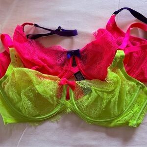 Preowned Victoria’s Secret Lace Underwire Unlined Bra Set Neon Pink Lime Sz 36D
